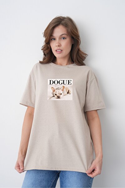 TREND EMMODA Tricou din bumbac de culoare bej, cu imprimeu buldog francez, st...