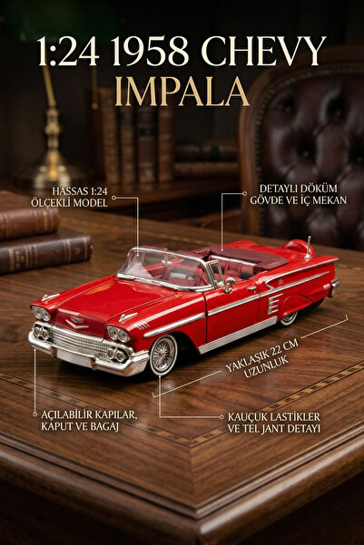 craftivio 1:24 1958 Chevy Impala Metal Lisanslı Model Araba - Kırmızı Koleksi...