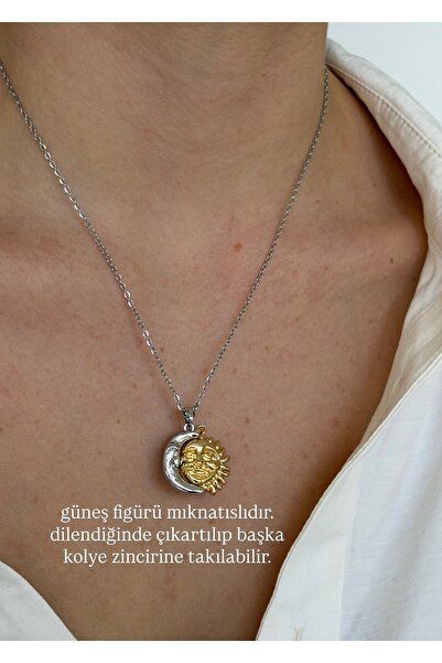 KİLİGİSTANBUL Steel Gold, Moon Sun Necklace 45 cm (+5 cm Extension)