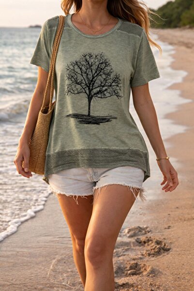 AGORATEKSTİL Women's Tree Patterned Stoned Mesh Detailed Washed Combed Cotton...