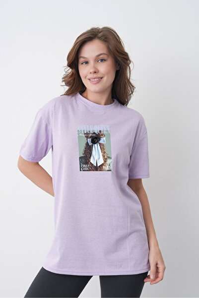 TREND EMMODA Tricou din bumbac liliac, cu decolteu rotund, cu imprimeu foto s...