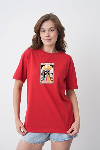 TREND EMMODA Tricou din bumbac roșu, cu gât rotund, imprimat cu cărți de taro...