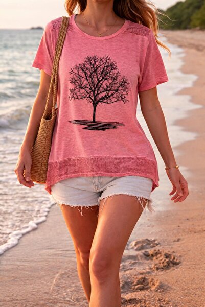 AGORATEKSTİL Γυναικείο μπλουζάκι από χτενισμένο βαμβάκι με σχέδιο δέντρου, με...