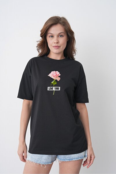 TREND EMMODA Tricou din bumbac negru, cu decolteu rotund, cu imprimeu cu tran...