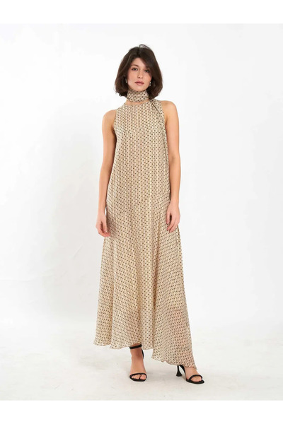 BIGNUANCE Beige Polka Dot Patterned Shawl Collar Long Dress Modern Casual Com...