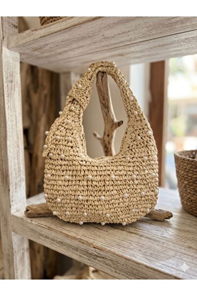 Axesoire NWC-1054 Μπεζ Ψάθινη Τσάντα Χειρός με Πέτρες Πέρλες 43x30 εκ.