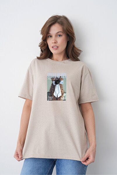 TREND EMMODA Tricou din bumbac, bej, cu decolteu rotund, cu imprimeu foto scr...