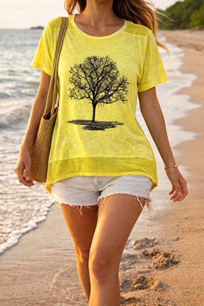 AGORATEKSTİL Women's Tree Patterned Stoned Mesh Detailed Washed Combed Cotton...