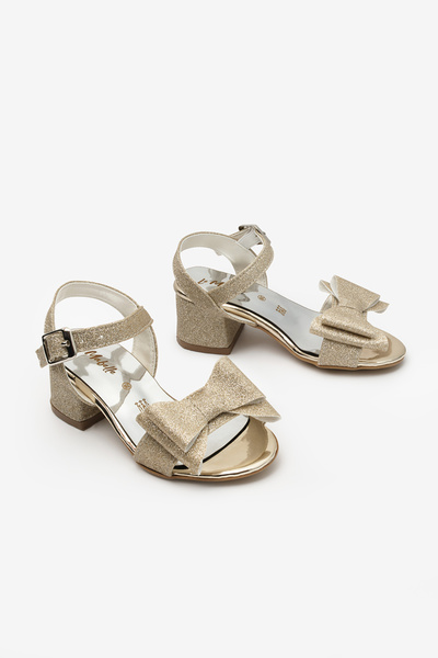 Le Mabelle حذاء بكعب عالٍ للفتيات مع رباط ذهبي على شكل فيونكة