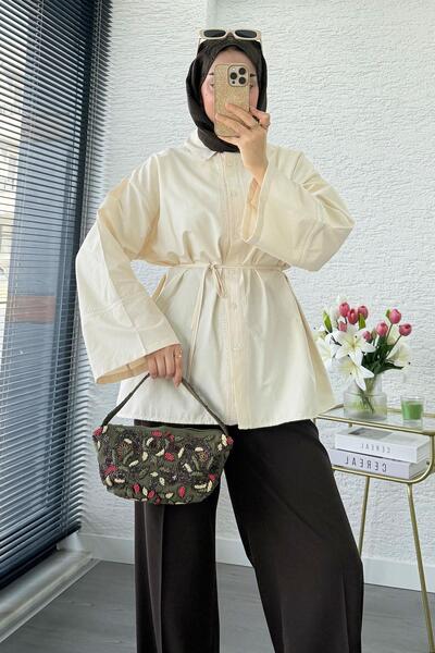 MELEK ARAZ Premium Guipure Piping Poplin Shirt Tunic - Cream