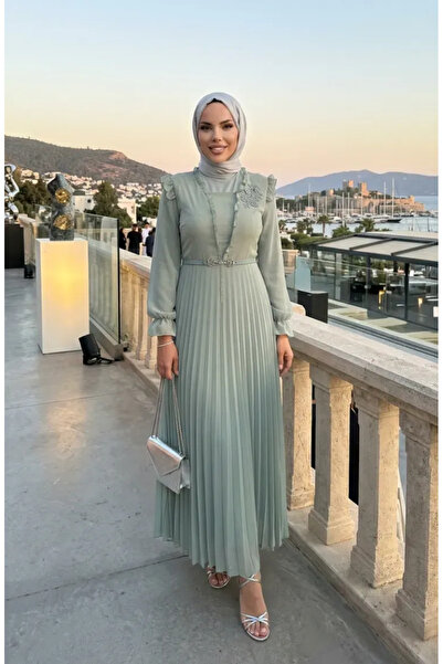 sefamerve Φόρεμα σιφόν με λεπτομέρειες βολάν 50016-05 Πράσινο Πράσινο Πράσινο