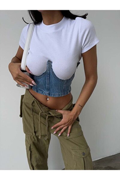 HerTon Μπλε τζιν μπουστιέ κροπ τοπ με φερμουάρ και κορσάζ, γυναικείο τοπ