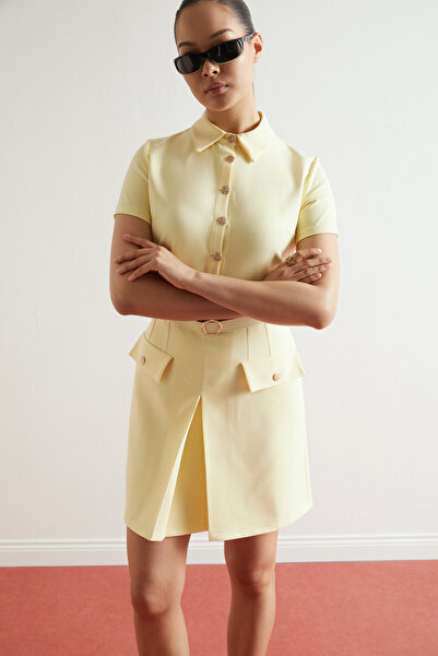 Swass Button Detailed Belted Mini Dress Yellow