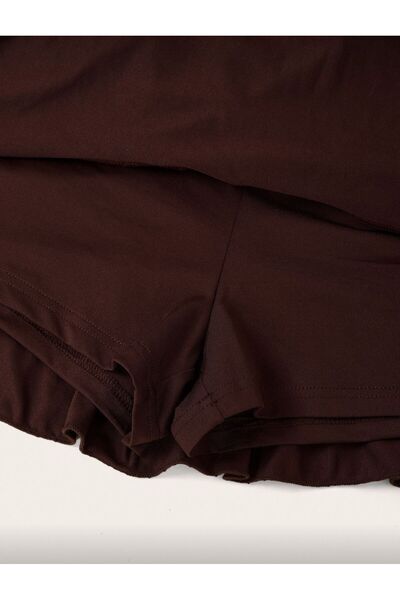 MYCPARL New Season Coffee Color Ruffled Layered Buckle Detailed Gathering Mini Skirt Shorts