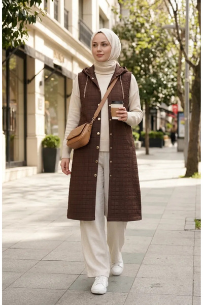 sefamerve Quilted Chain Detailed Buttoned Vest 12031-07 Brown