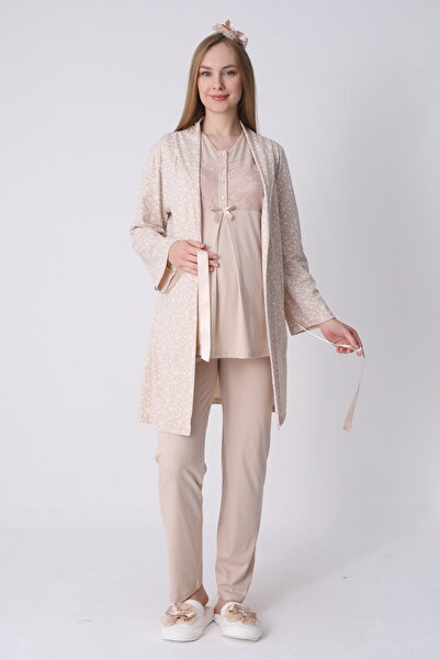 ERDENİZ TEKSTİL Women's 3-Piece Maternity Pajama Set with Lace Detail and Dre...