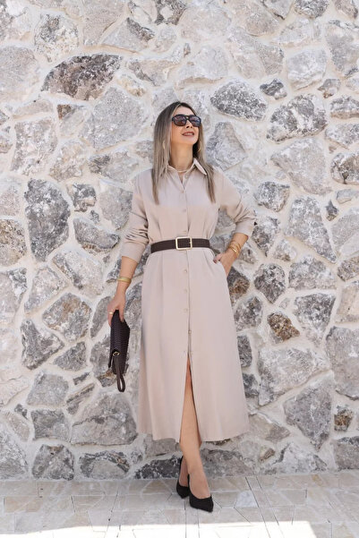 bytugcekaya Μπεζ φόρεμα από ύφασμα Modal με ζώνη από σουέντ