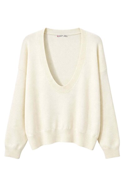 Mixray 7029 Women's Deep V-Neck Basic Knitwear Sweater Vanilla Yellow