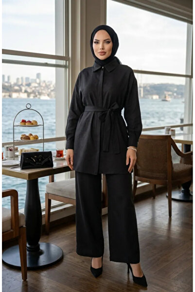 sefamerve Shirt Collar Belted Linen Two-Piece Suit 71199-03 Black