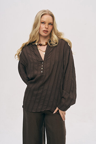 Orfeo Negro Women's Striped Judge V-Neck Buttoned Oversize Blouse - Shirt