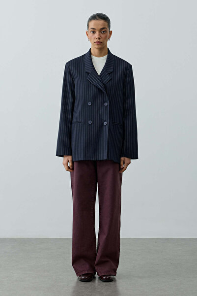 Fahhar Kruvaze Çizgili Oversize Blazer Ceket Lacivert