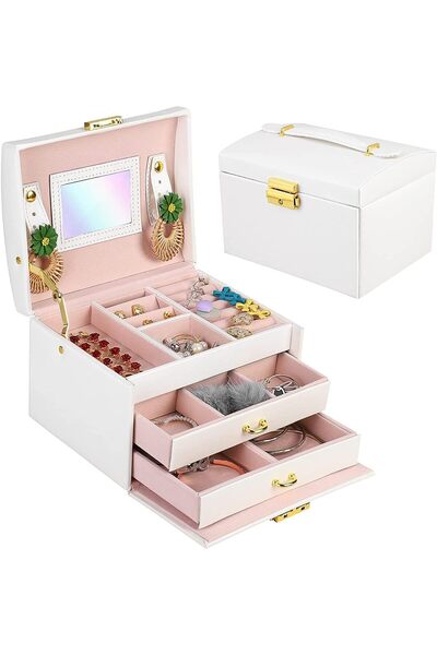 Arabest صندوق مجوهرات، منظم مجوهرات ثلاثي الطبقات مع قفل ودرج، حافظة تخزين بح...