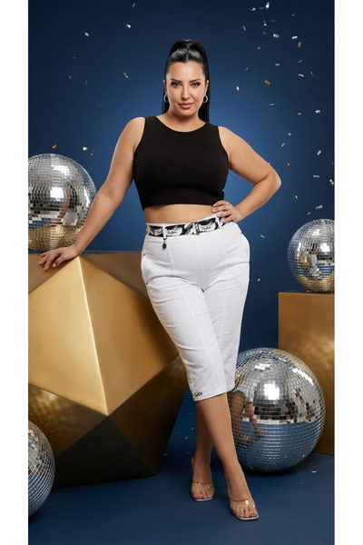 ZANESSI Plus Size Belted High Waist Below Knee Denim Women's Capri