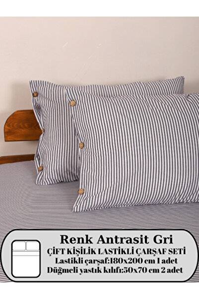 Larispera Double Fitted Sheet Set Cotton Yarn Dyed 180X200Cm Buttoned Pillowc...