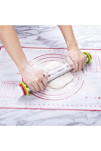 Arabest Rolling Pin and Silicone Baking Pastry Mat Set, Smooth Non Stick Stai...