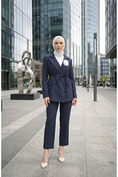 sefamerve Striped Buttoned Jacket and Trousers Two-Piece Set 50021-01 Navy Blue