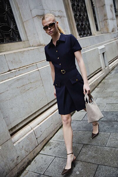 Swass Button Detailed Belted Mini Dress Navy Blue