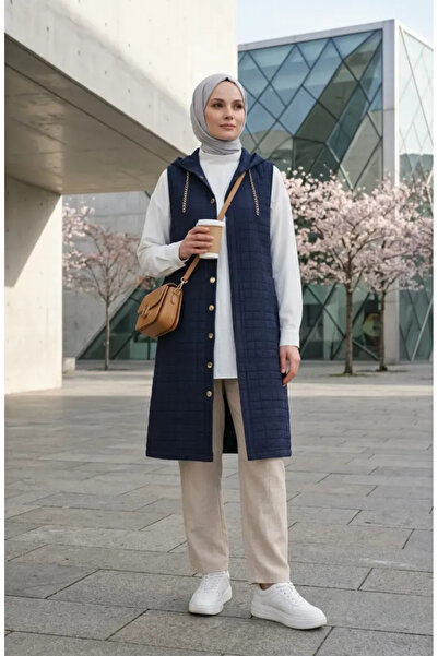 sefamerve Quilted Chain Detailed Buttoned Vest 12031-04 Navy Blue