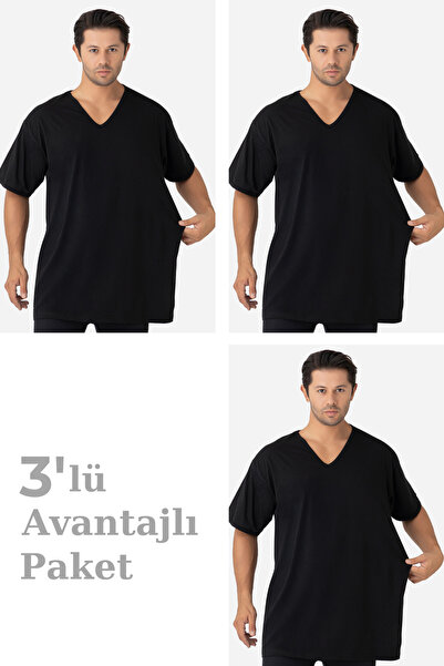 Arma Yıldız 3 Pack Black Men's V-Neck Short Sleeve Plus Size T-Shirt 100% Cot...