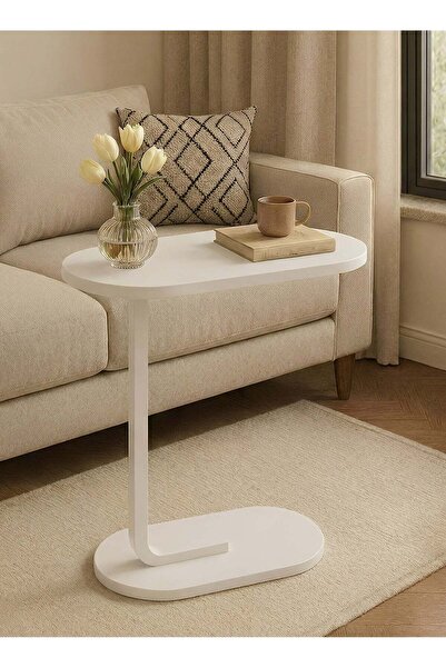 Taimi طاولة قهوة عصرية |   طاولة جانبية على شكل حرف C باللون الأبيض مع إطار أ...