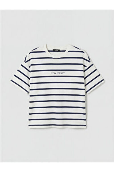 LC Waikiki New Season Navy Blue Striped Oversize 100% Cotton Women's T-Shirt