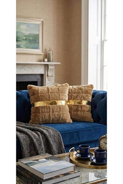 DAHABELLA LUXE HOME Set of 2 Soft Rabbit Fur Plush Cushion Covers - Gold Stri...