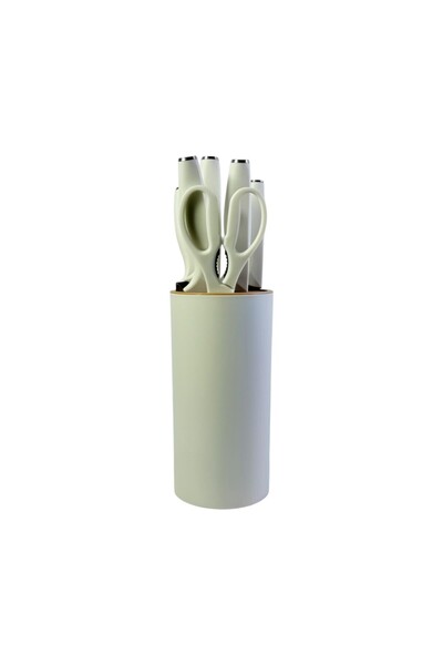 OEM 7-piece kitchen knife set with cylindrical holder and scissors, White