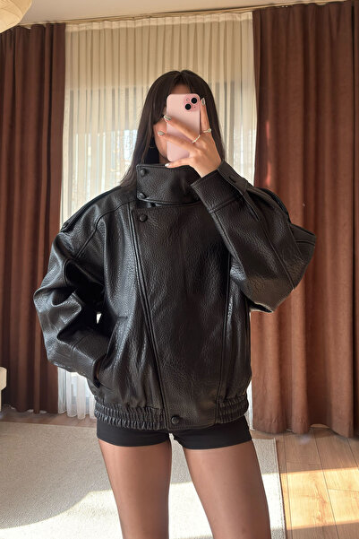 Moderk Zra Model Textured Leather Oversize Stand Collar Women's Jacket