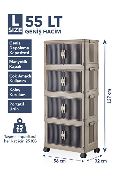 Lavine ”LARGE” 4 Katlı Portatif Organizer Tekerlekli Dolap Çok Amaçlı Mıknatıs Kapaklı Katlanır - TOPRAK