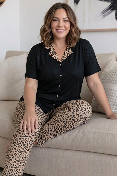 Pijamaevi Σετ γυναικείες πιτζάμες από μπαμπού με μαύρο λεοπάρ σχέδιο, μεγάλο ...