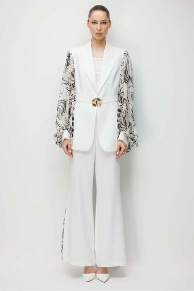 Moda İlgi Modailgi Kolları Desenli Şifon Kombinli Ceket - 45043 Ekru