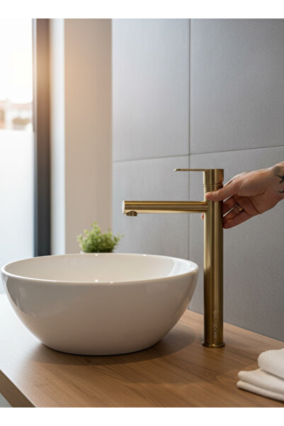 İSAOĞLU YAPI Mat Gold Çanak Lavabo Armatürü Yüksek Model Slim Tasarım Mat Alt...