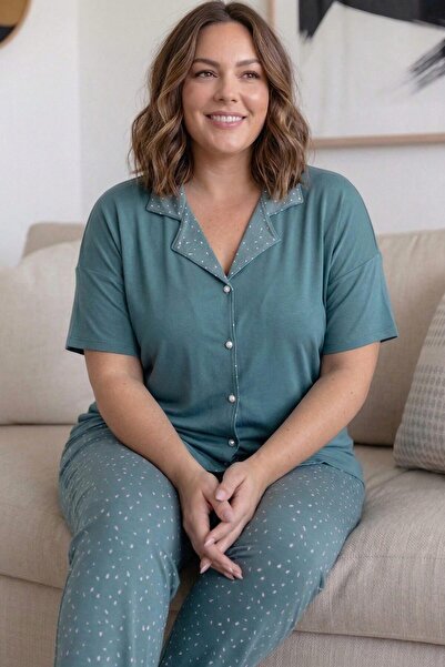 Pijamaevi Mint Konfeti Desenli Büyük Beden Kısa Kollu Önden Düğmeli Bambu Kad...