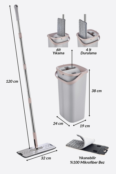 Lavine Flat Mop Temizlik Seti Dik Kovalı Tablet Mop Paslanmaz Çelik Saplı Premium Kova