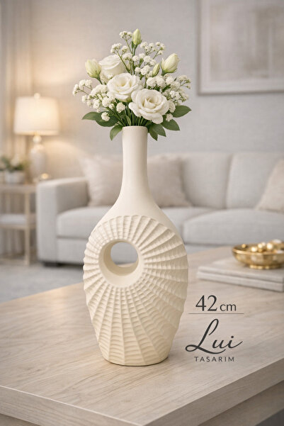 Lui Tasarım Modern Living Room Decoration Vase 42 cm Ceramic Cream Color Norm...