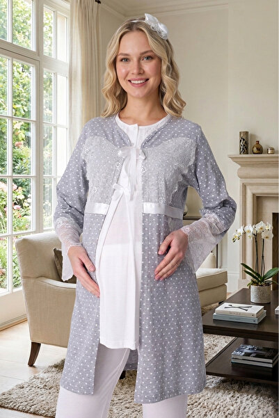 Lohusa Homewear New Season Gray Ecru Maternity Polka Dot Summer Elegant Lace ...