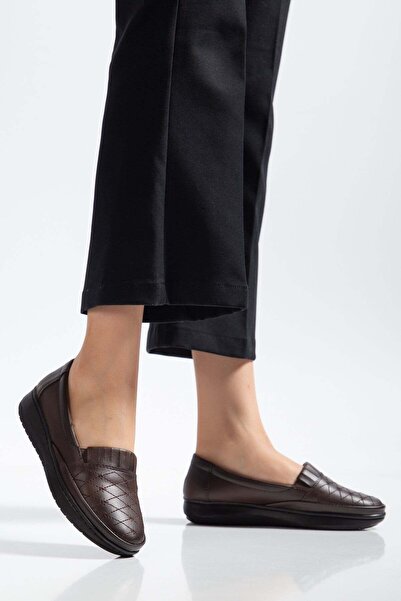 Dilimler Ayakkabı Genuine Leather Embroidery Detailed Brown Large Size Women'...