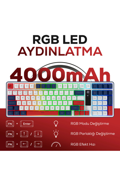Hawk Gaming Chair HK257 Membrane LCD RGB Kablosuz/Bluetooth Kırmızı Mavi Full Türkçe Gaming Klavye