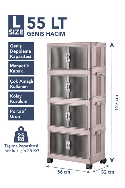 Lavine ”LARGE” 4 Katlı Portatif Organizer Tekerlekli Dolap Çok Amaçlı Mıknatıs Kapaklı Katlanır - PUDRA