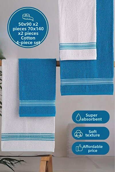 MODALİN Bathroom Hand Towel Set 4 Pieces Turquoise - White Elvin - Soft Textu...
